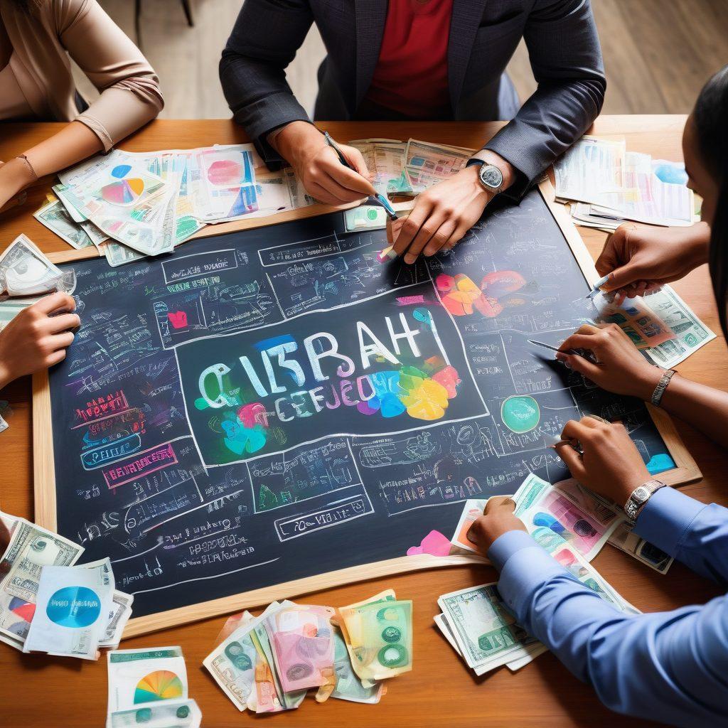 A diverse group of individuals engaged in a dynamic brainstorming session around a table covered with financial charts and cash flow diagrams. Bright and engaging elements like dollar bills and calculators surround them, symbolizing wealth and prosperity. A chalkboard in the background features key phrases like 'Invest Wisely' and 'Budget Smart'. The atmosphere is energetic and collaborative, showcasing the essence of financial empowerment. vibrant colors. 3D.